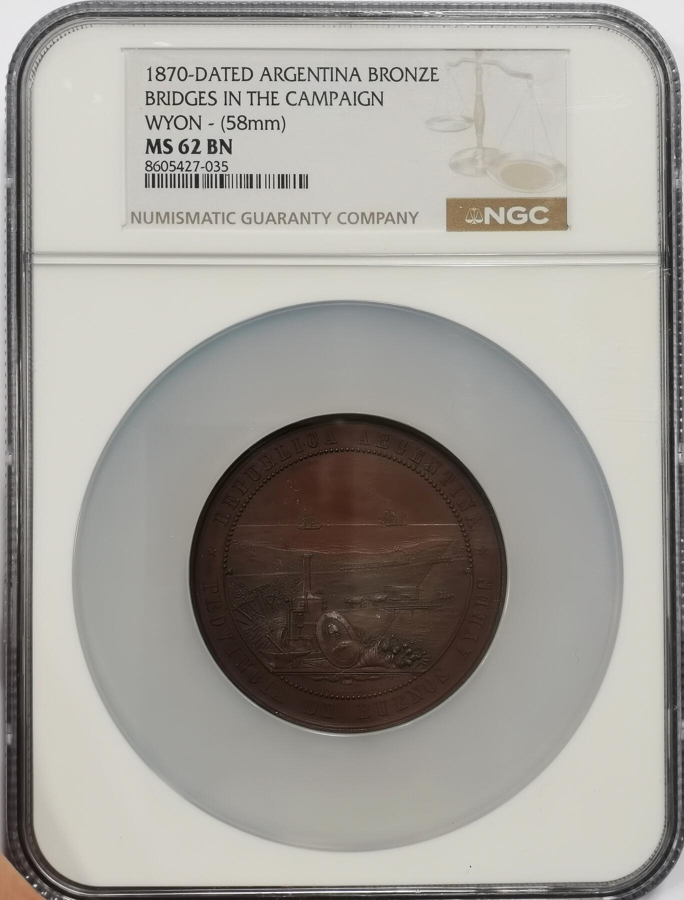 博洋堂世界钱币拍卖第163期（全场包邮） NGC MS62BN 阿根廷1870年战役中的桥梁纪念大铜章，1870年正值阿根廷内战期间