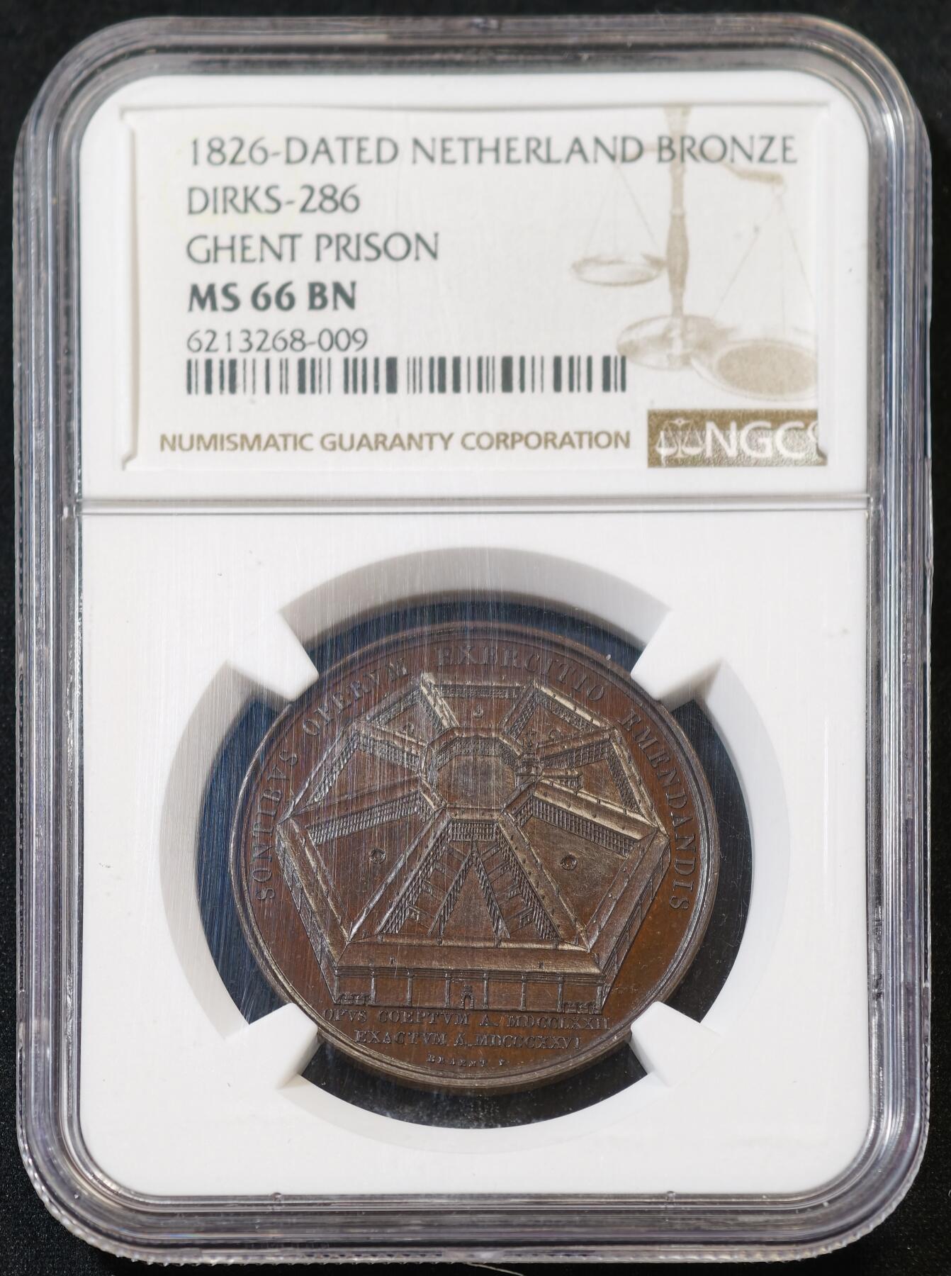 甄臻铺-世界币章拍卖（第53期），甄品场拍品征集中，送拍享返佣金等优惠多多 NGC-MS66BN 1826年荷兰斯克斯-286根特监狱青铜章，NGC顶级分数，紫色镜面青铜章