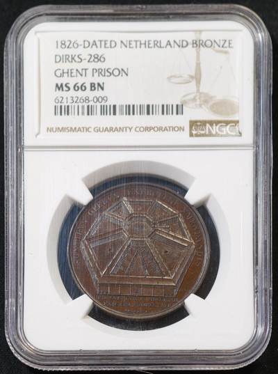 甄臻铺-世界币章拍卖（第53期），甄品场拍品征集中，送拍享返佣金等优惠多多 - NGC-MS66BN 1826年荷兰斯克斯-286根特监狱青铜章，NGC顶级分数，紫色镜面青铜章