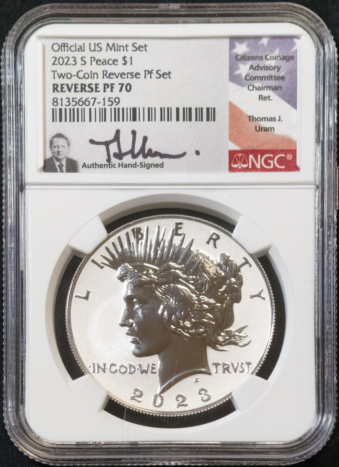 甄臻铺-世界币章拍卖（第53期），甄品场拍品征集中，送拍享返佣金等优惠多多 NGC-MS70 美国2023年反精制和平银元 首发版 带设计师签名标签 收藏首选