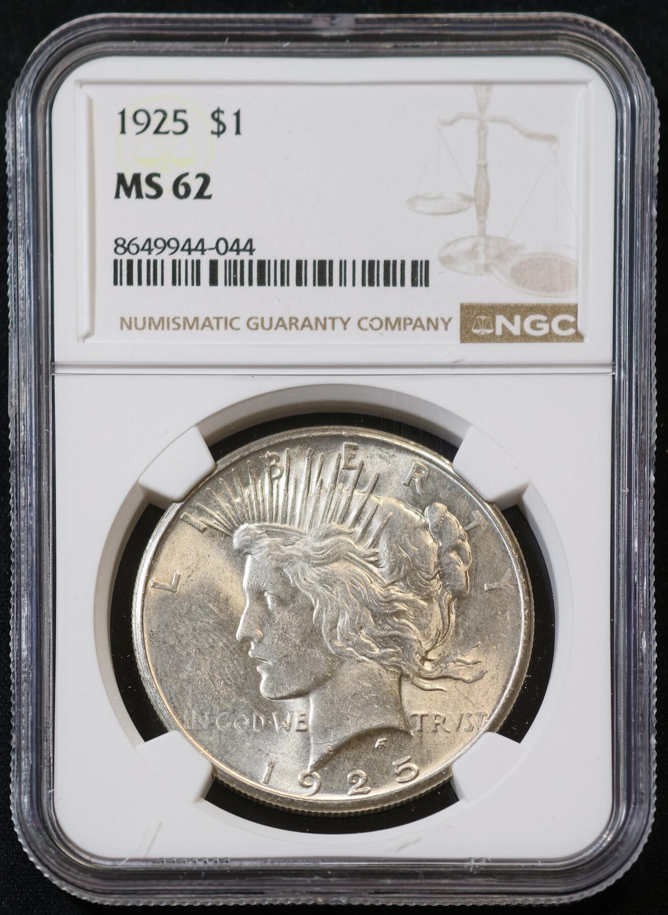 甄臻铺-世界币章拍卖（第53期），甄品场拍品征集中，送拍享返佣金等优惠多多 NGC-MS62 1925年美国和平，少见小特年