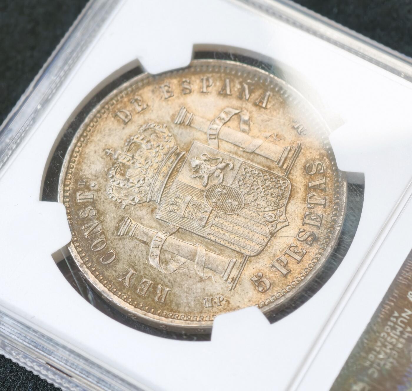 甄臻铺-世界币章拍卖（第53期），甄品场拍品征集中，送拍享返佣金等优惠多多 NGC-MS64 1888年西班牙阿方索十三世婴儿头5比塞塔银币， 该品种64分不易，值得入藏的品相