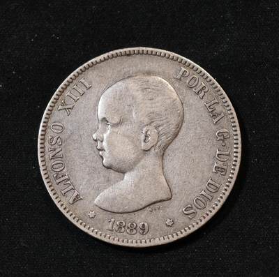 甄臻铺-世界币章拍卖（第53期），甄品场拍品征集中，送拍享返佣金等优惠多多 - 1889年 西班牙 双柱阿方索十三世婴儿头版 5比塞塔 24.7g 含银量90%，细节见图