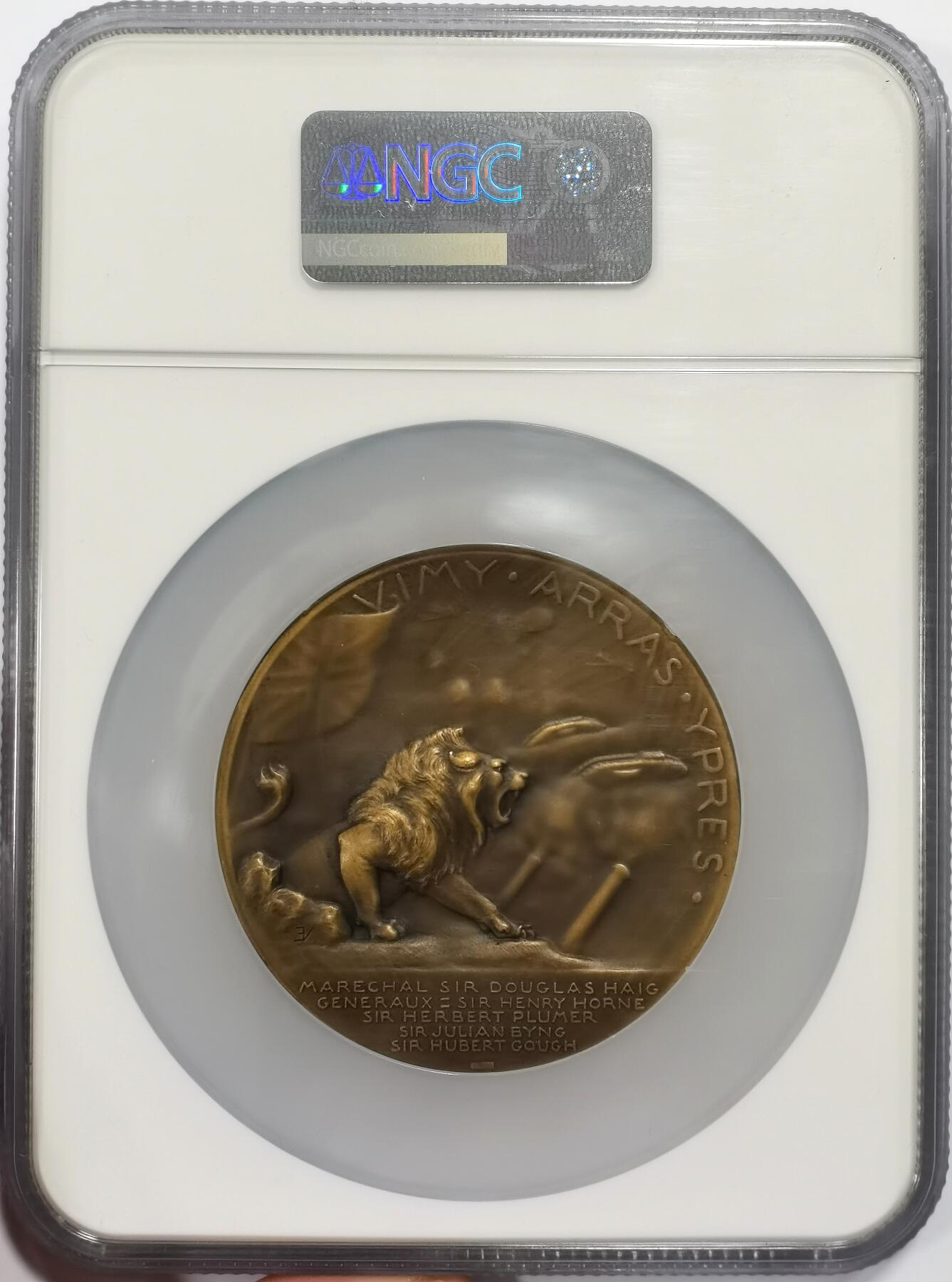 博洋堂世界钱币拍卖第163期（全场包邮） NGC MS63BN 法国1917年一战期间英国攻势纪念大铜章，环绕狮子上方“VIMY • ARRAS • YPRES”（维米、阿拉斯、伊普尔）这三个地点都是一战期间的重要战场