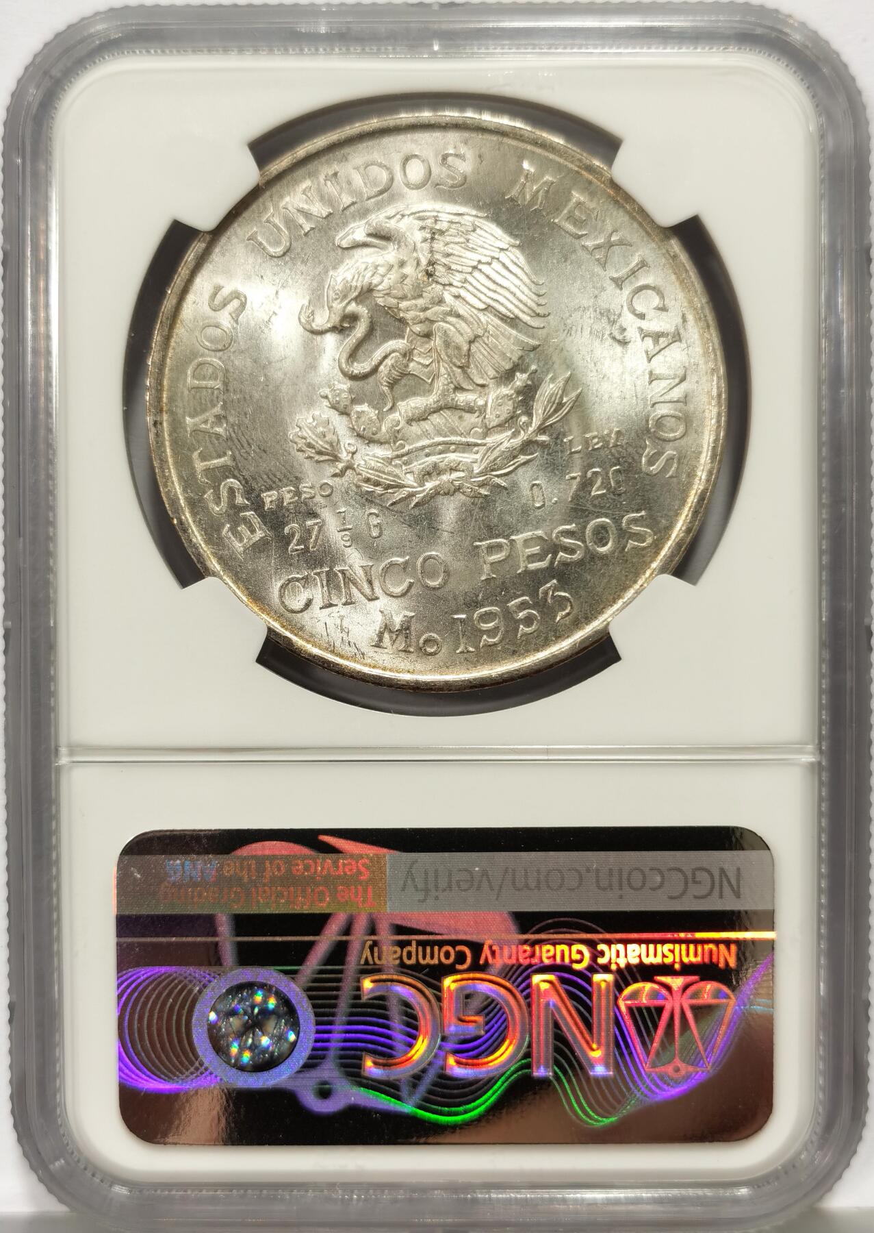 博洋堂世界钱币拍卖第163期（全场包邮） NGC MS64 墨西哥1953年5比索大银币，约含20g纯银，卷拆曝光好品。