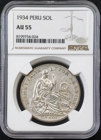 甄臻铺-世界币章拍卖（第53期），甄品场拍品征集中，送拍享返佣金等优惠多多 - NGC-AU55 秘鲁 1934年 女神1索尔银币