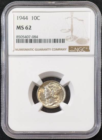 甄臻铺-世界币章拍卖（第53期），甄品场拍品征集中，送拍享返佣金等优惠多多 - NGC-MS62 美国1944年10分墨丘利银币