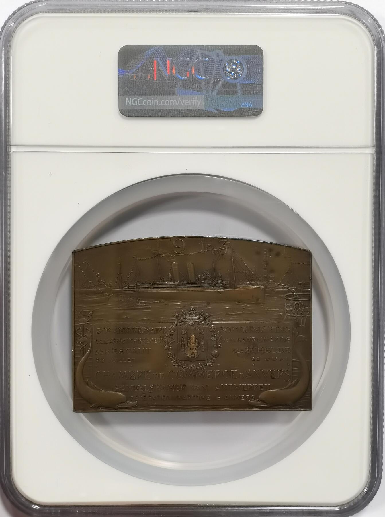 博洋堂世界钱币拍卖第163期（全场包邮） NGC MS62BN 比利时1913年斯海尔德河航运开通50周年纪念大铜章
