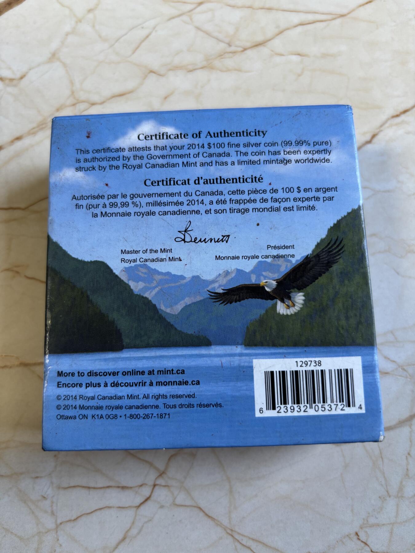 第192期拍卖 加拿大2014年100换100加元系列白头鹰1盎司银币，9999银，发行50000枚