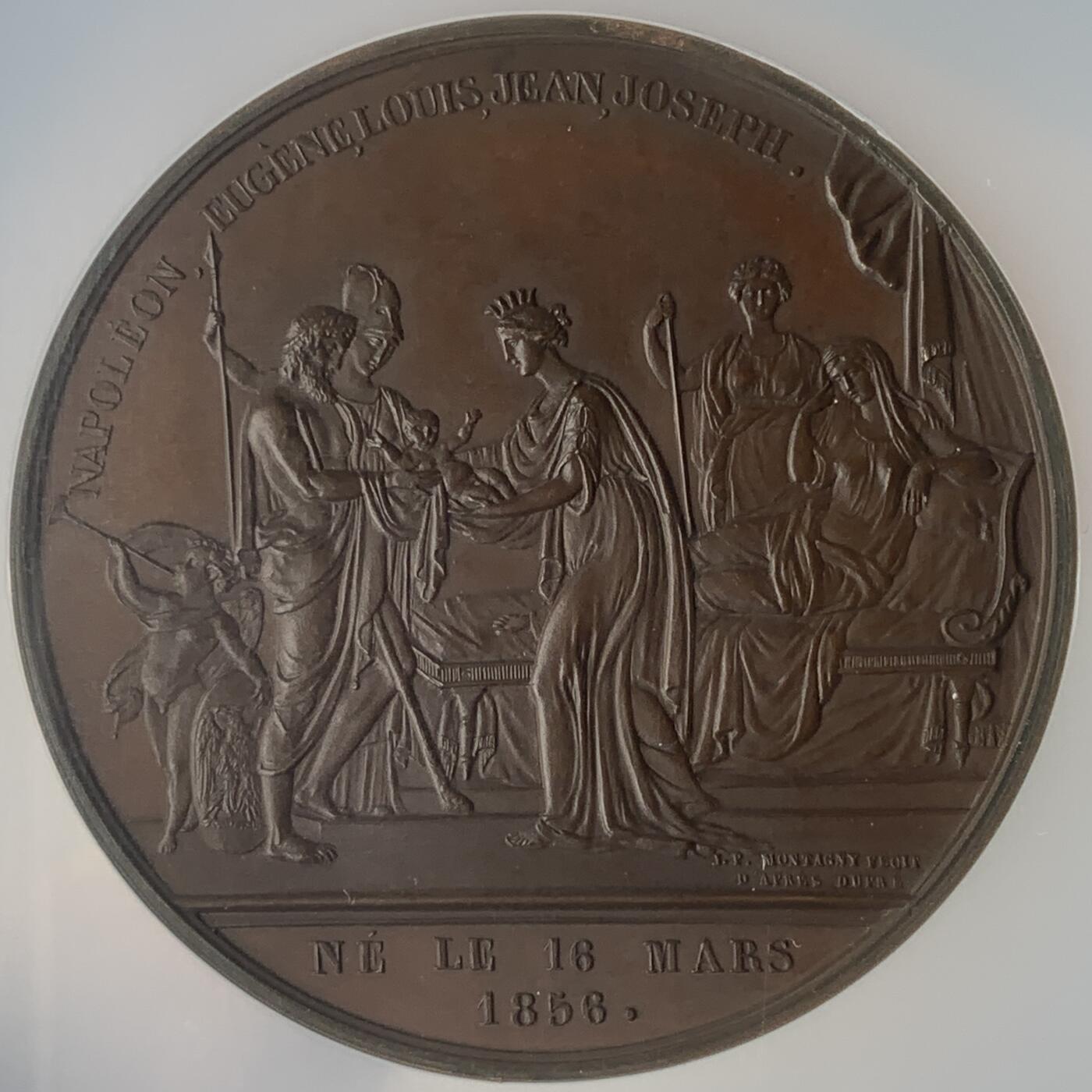 掌中浮雕-藏着的欧洲第053场 NGC MS63 : 1856年法兰西第二帝国王子诞生铜章，53mm，MONTAGNY雕刻