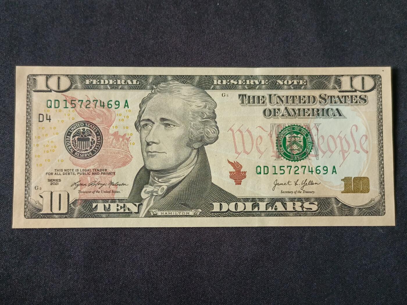 【游宝拍卖】丙午马年第7期 美国-10美元【SERIES-2021 D-克利夫兰 全新UNC】