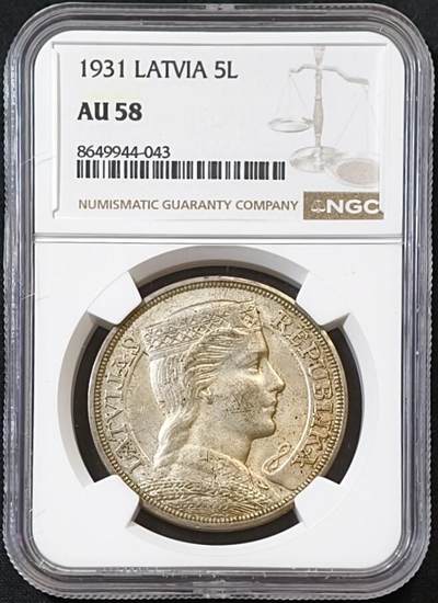甄臻铺-世界币章拍卖（第53期），甄品场拍品征集中，送拍享返佣金等优惠多多 - NGC-AU58 1931年拉脱维亚5L，包浆自然