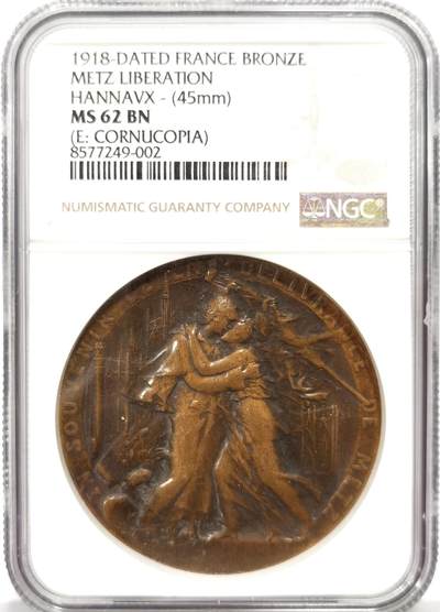 博洋堂世界钱币拍卖第163期（全场包邮） - NGC MS62BN 法国1918年一战时期梅斯解放纪念铜章，45mm，加厚盒