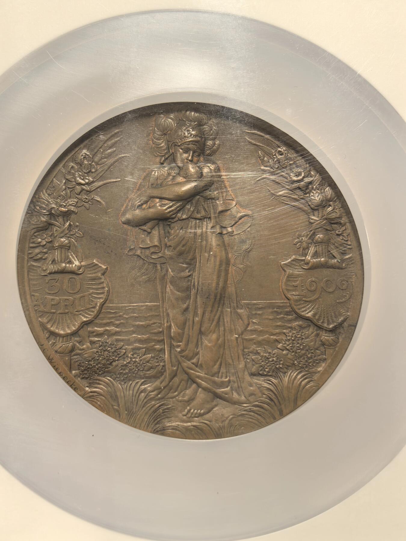 博洋堂世界钱币拍卖第163期（全场包邮） NGC MS63BN 荷兰1909年朱莉安娜女王诞生纪念大铜章，典型新艺术风格