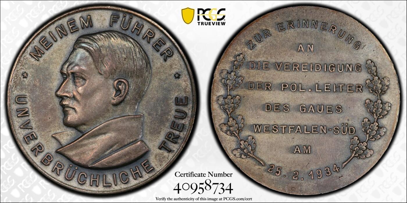 甄臻铺-世界币章拍卖（第53期），甄品场拍品征集中，送拍享返佣金等优惠多多 PCGS-SP62 1934年德意志第三帝国元首题词“牢不可破的忠诚”镀银纪念样章，镀银样章，非常稀少