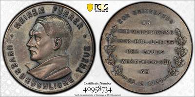 甄臻铺-世界币章拍卖（第53期），甄品场拍品征集中，送拍享返佣金等优惠多多 - PCGS-SP62 1934年德意志第三帝国元首题词“牢不可破的忠诚”镀银纪念样章，镀银样章，非常稀少