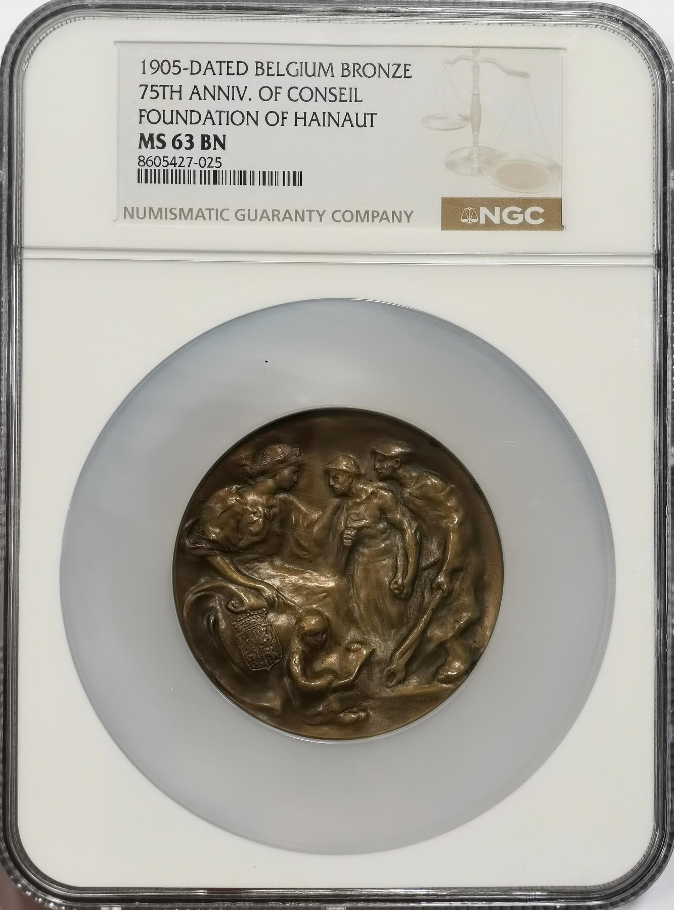 博洋堂世界钱币拍卖第163期（全场包邮） NGC MS63BN 比利时1905年埃诺省议会成立75周年纪念大铜章