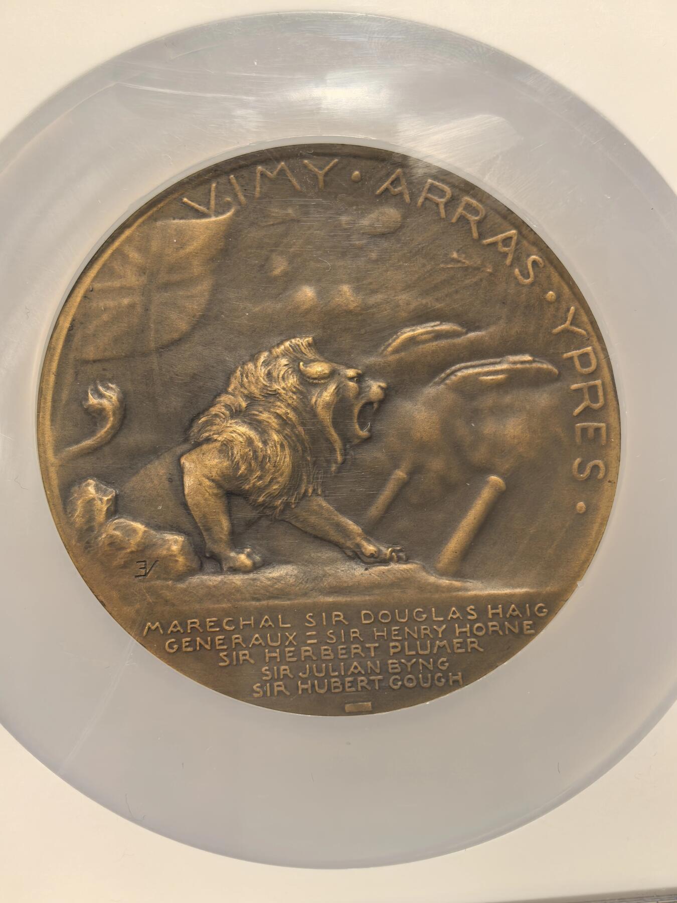 博洋堂世界钱币拍卖第163期（全场包邮） NGC MS63BN 法国1917年一战期间英国攻势纪念大铜章，环绕狮子上方“VIMY • ARRAS • YPRES”（维米、阿拉斯、伊普尔）这三个地点都是一战期间的重要战场