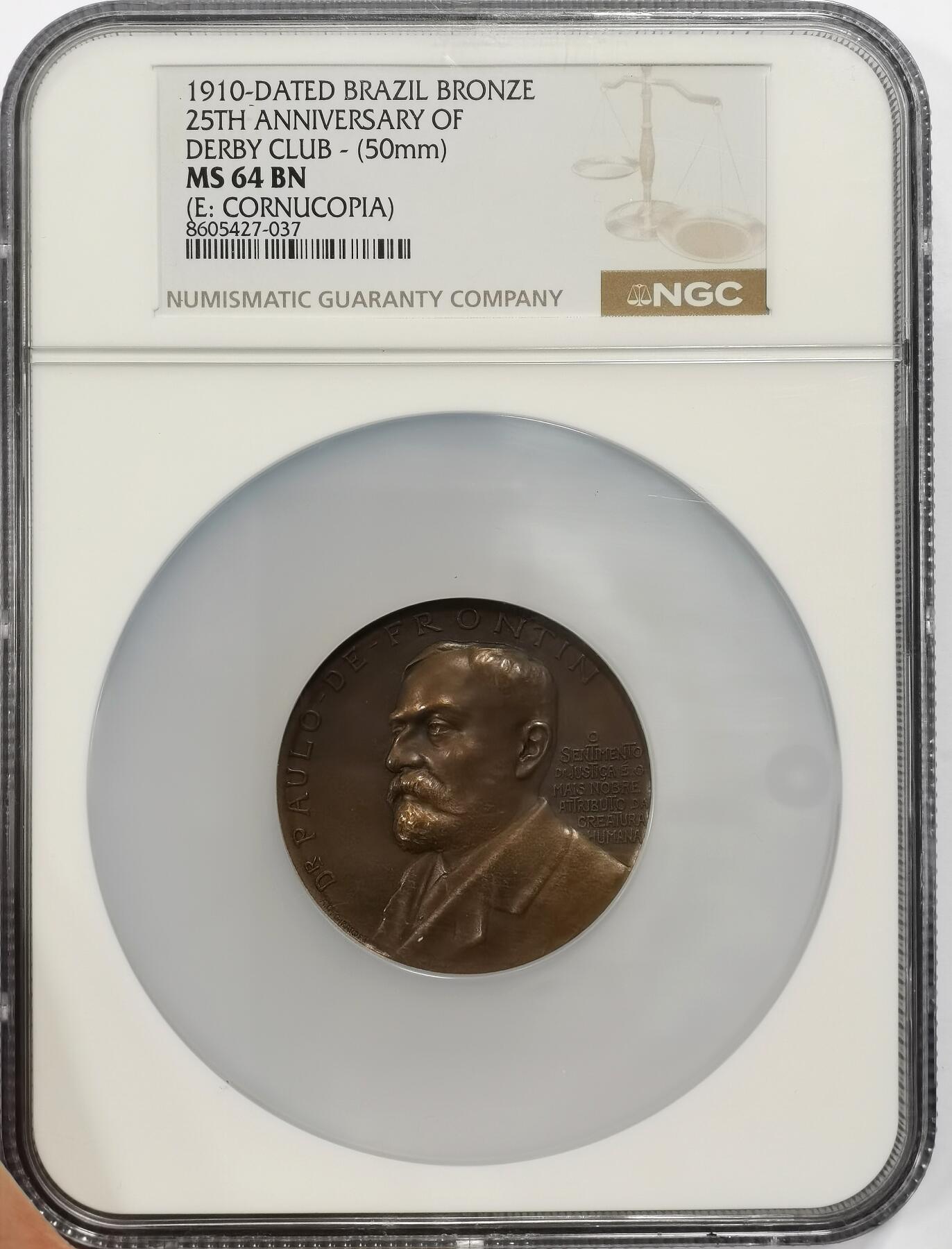 博洋堂世界钱币拍卖第163期（全场包邮） NGC MS64BN 巴西1910年德比俱乐部成立25周年纪念大铜章