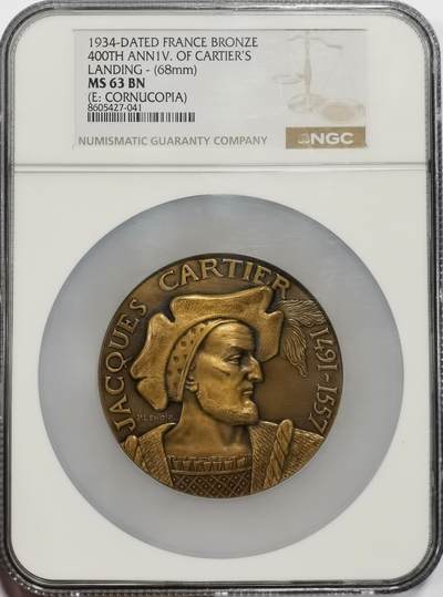 博洋堂世界钱币拍卖第163期（全场包邮） - NGC MS63BN 法国1934年探险家雅克·卡蒂埃登陆加拿大400周年纪念大铜章