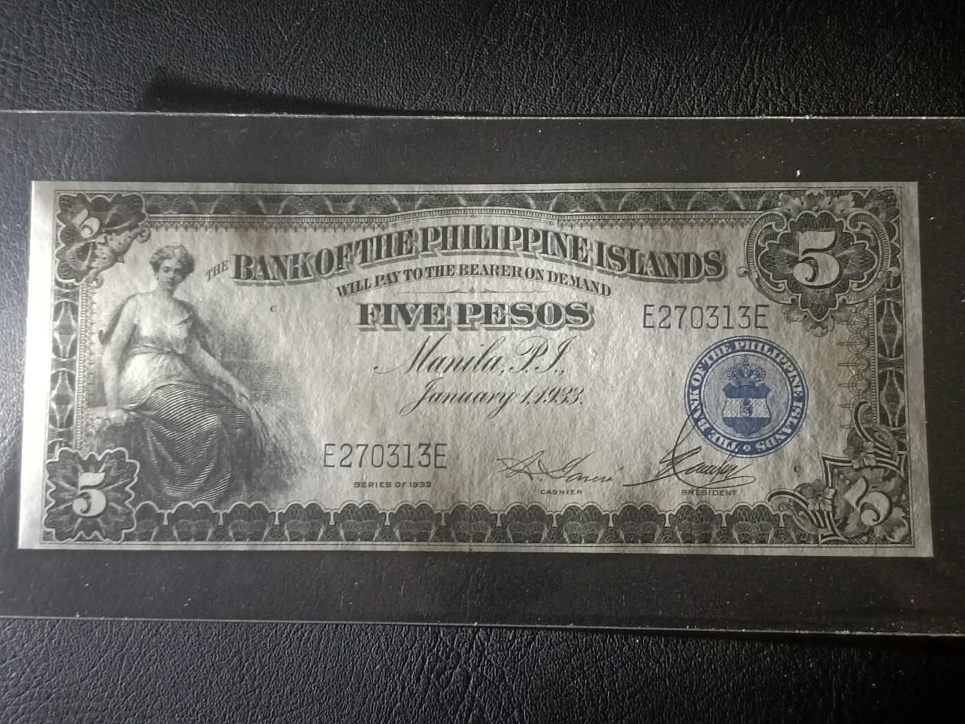 2026三月第一期，总218期 美属菲律宾岛屿银行1933版5比索AUNC，持穗女神形象，浓厚的美国钞票风格，此时菲律宾比索也与美金等值，故中高面值印刷较为稀有