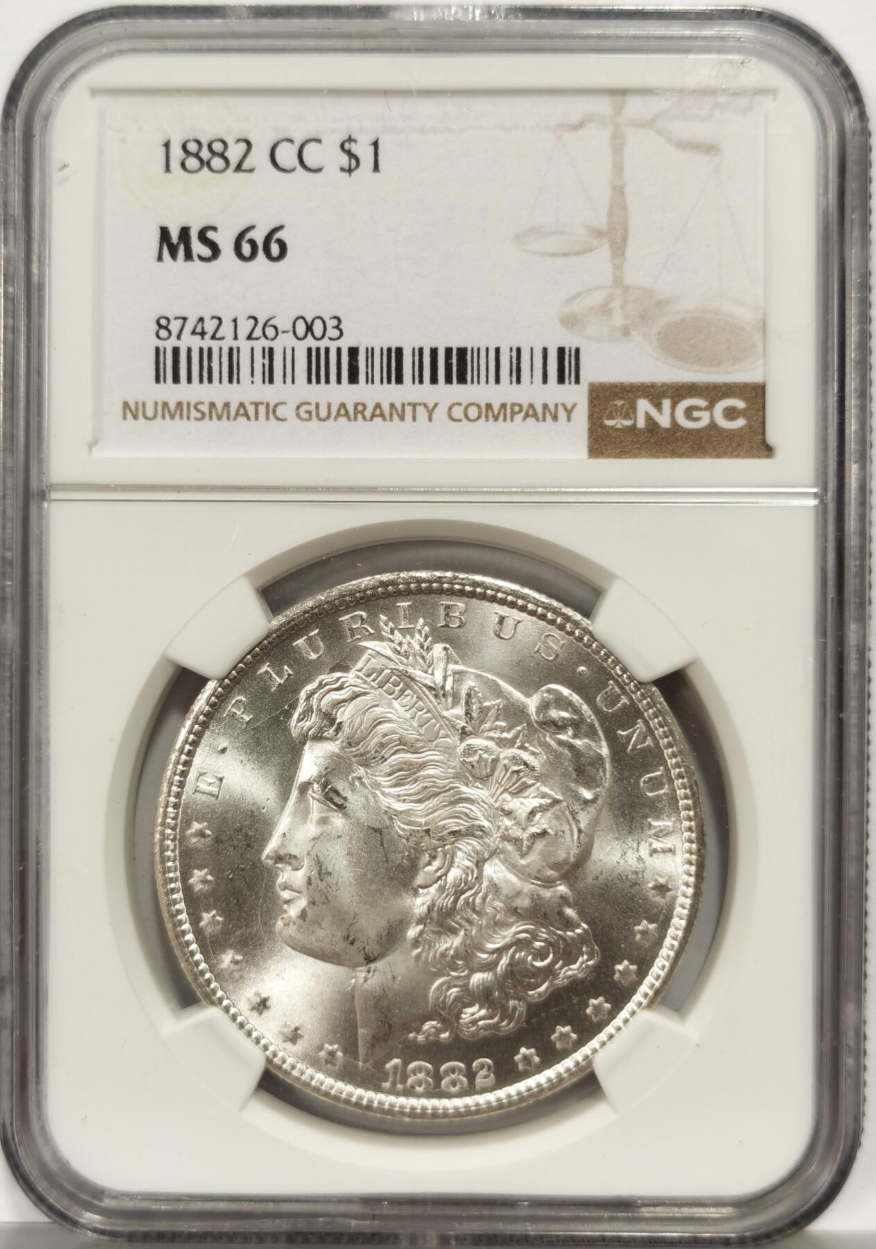 博洋堂世界钱币拍卖第163期（全场包邮） NGC MS66 美国1882 CC 摩根 稀有卡森厂 麦稀奇所见最高分 转光犀利 打制完美 银霜感十足 不可错过的极佳收藏品 一枚毕业