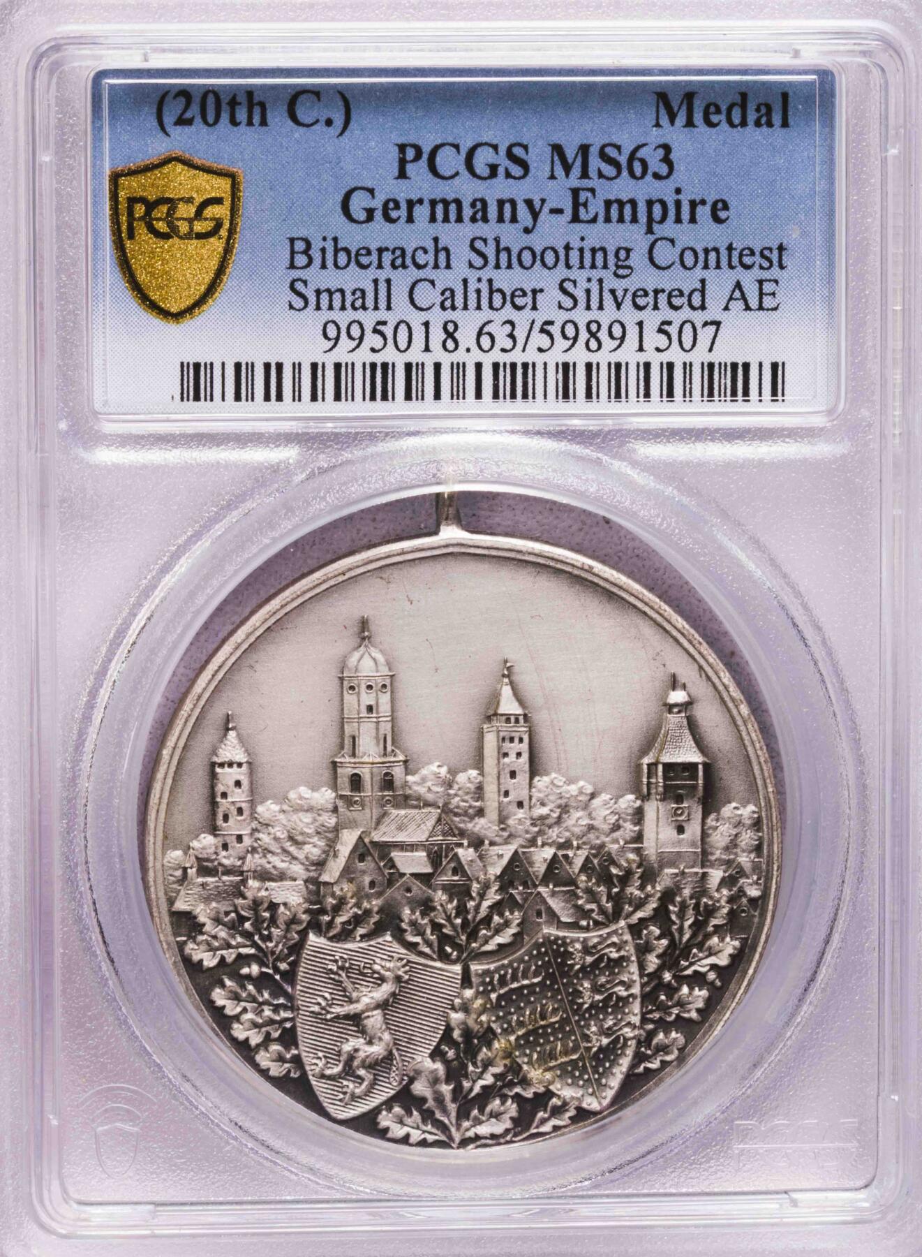 PCGS-MS63 20世纪初德国射击节城市景观铜镀银大章 唯一冠军