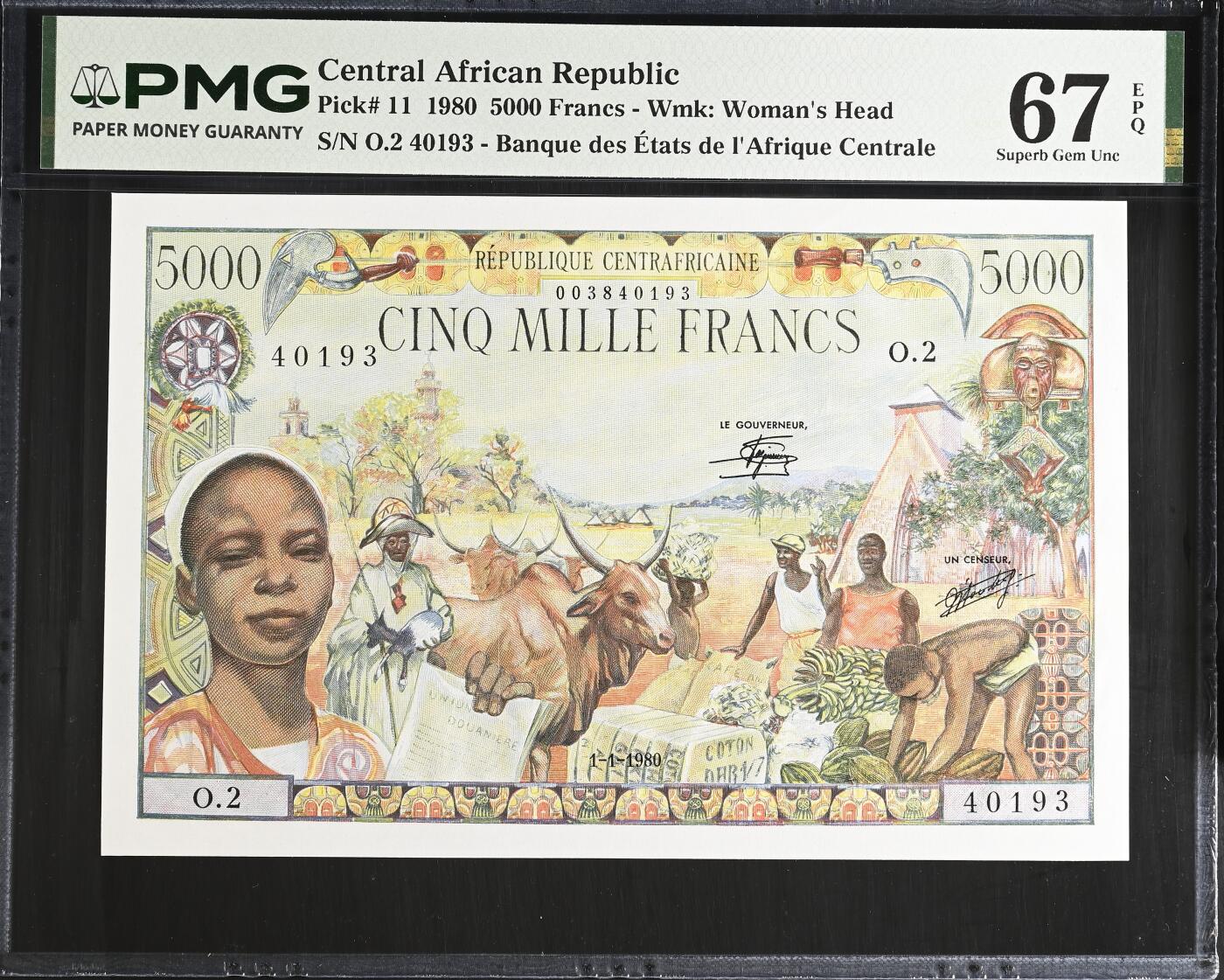《艾美收藏》第235期-3.8周日外币荟萃 中非共和国1980年5000法郎PMG67E亚军分 高分难得 冠军68分仅3张 法属名誉品大烟斗