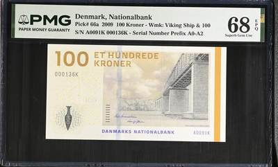 《艾美收藏》第235期-3.8周日外币荟萃 - 丹麦2009年初版A0冠100克朗PMG68E高分百位136号 Pick#66a 丹麦经典桥版
