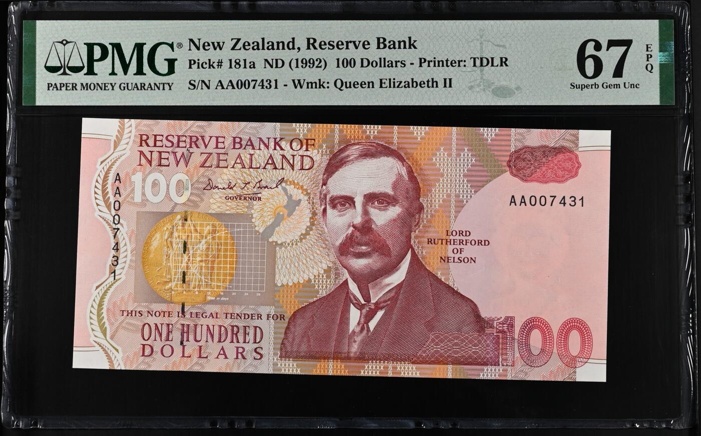 《艾美收藏》第235期-3.8周日外币荟萃 新西兰1992首发年首发AA冠100元最高值PMG67E亚军分千位小号 冠军68分7张 欧内斯特·卢瑟福 诺贝尔化学奖获得者 Pick#181a