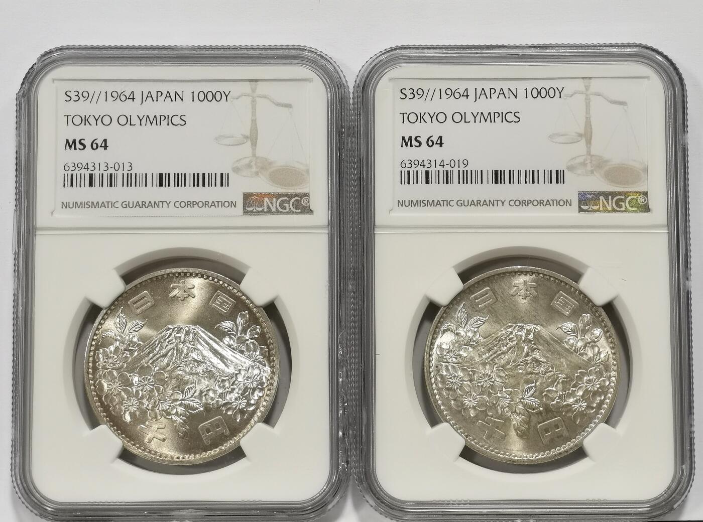 博洋堂世界钱币拍卖第163期（全场包邮） NGC MS64 日本1964东京夏季奥运会纪念银币两枚，原光卷拆品相，一枚卡槽有明显磕损