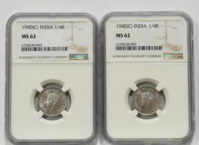 博洋堂世界钱币拍卖第163期（全场包邮） - NGC MS62 英属印度1940年C版乔治六世1/4卢比银币2枚一对