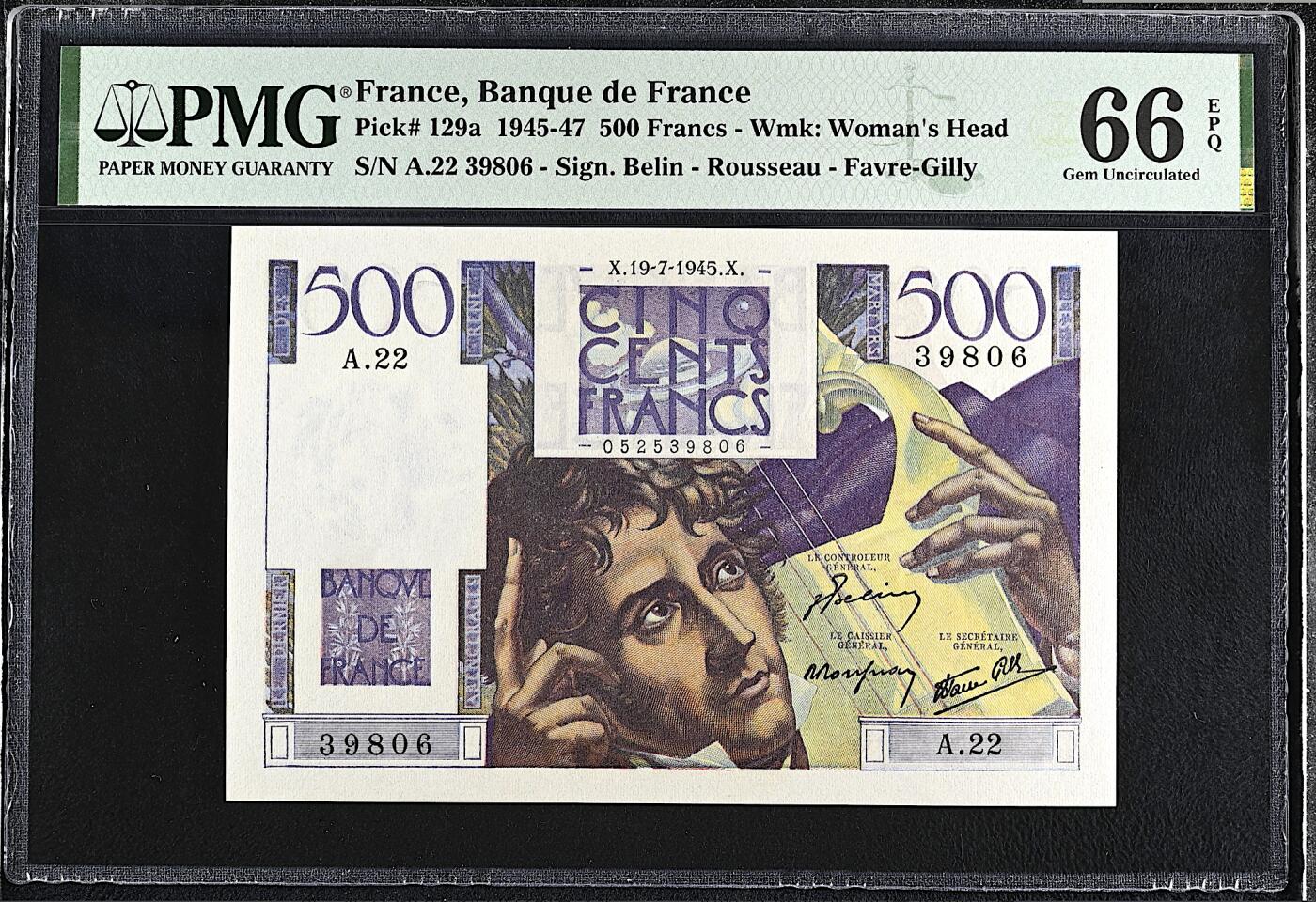 《艾美收藏》第235期-3.8周日外币荟萃 法国500法郎 PMG66E 1945年首发年A冠 法国浪漫主义作家夏多布里昂 稀少版本 无47
