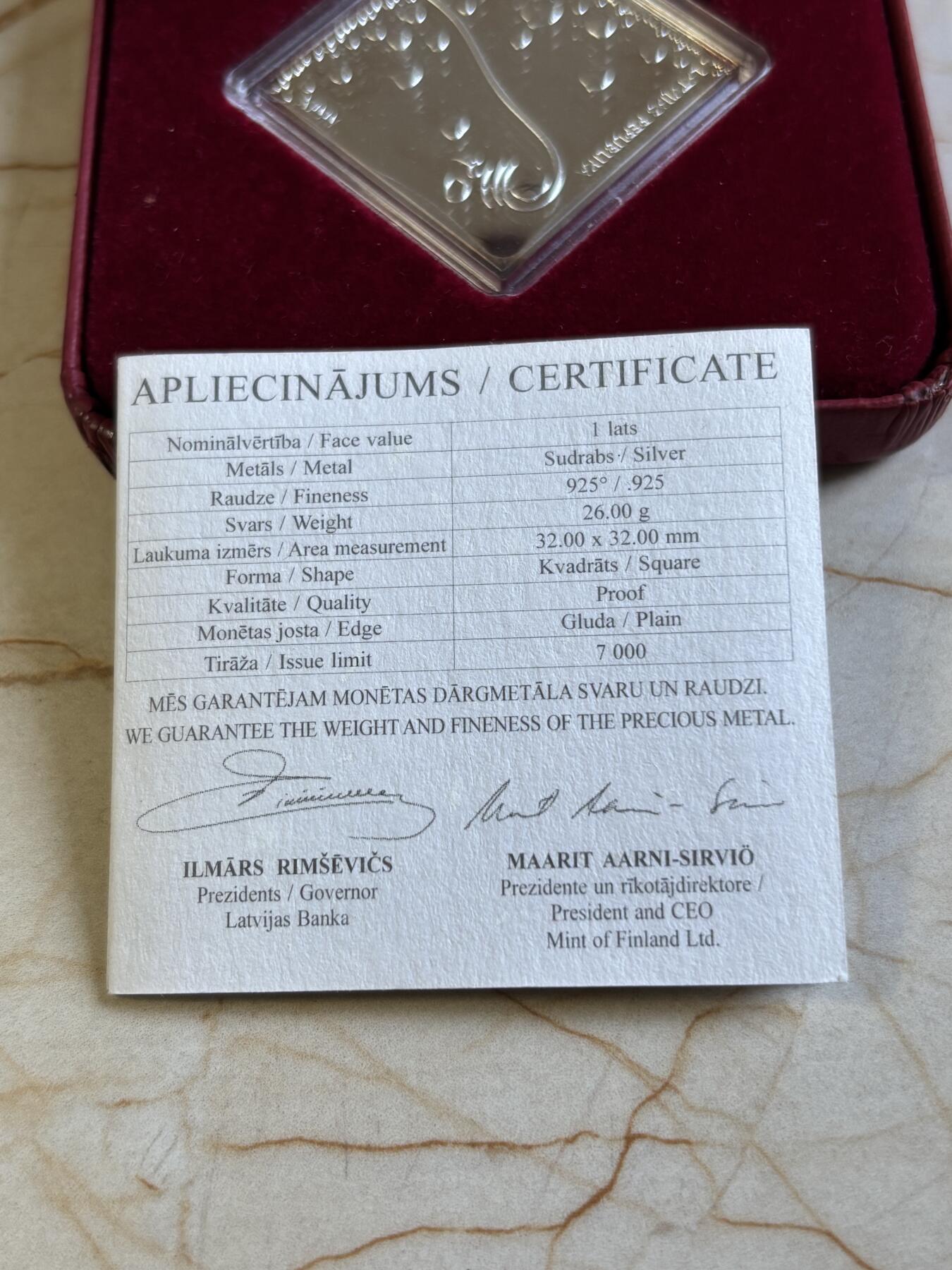 第192期拍卖 拉脱维亚2009年水资源精制方形纪念银币，925银，26克，发行7000枚，有丝痕有氧化