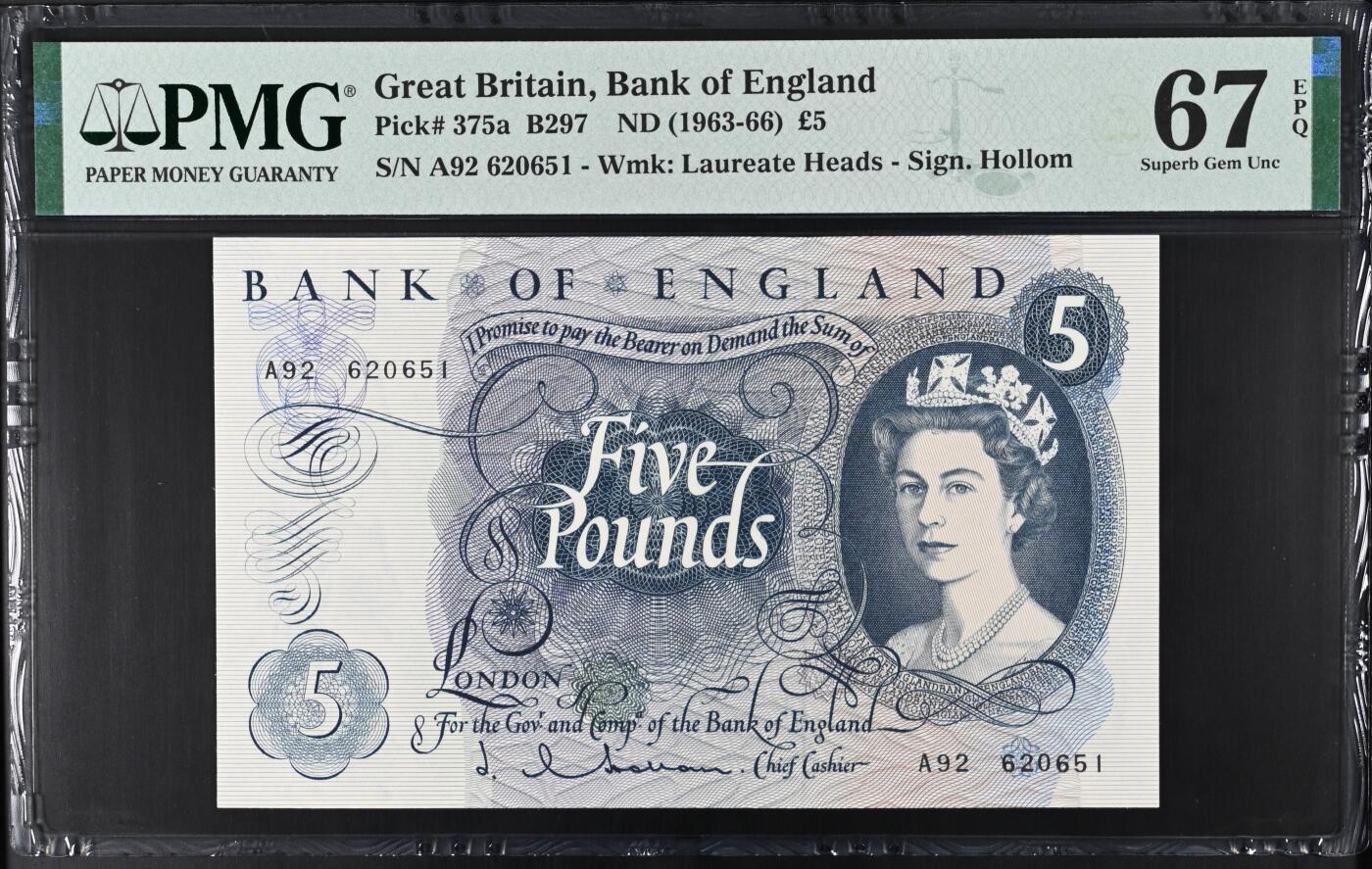 《艾美收藏》第235期-3.8周日外币荟萃 英国C序列1963-66年A冠5镑PMG67E高分无347 更高分仅10张 年轻女王 Pick#375a
