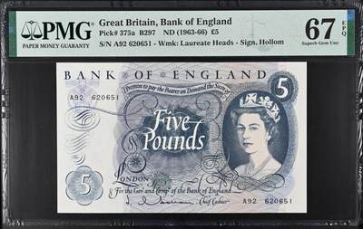 《艾美收藏》第235期-3.8周日外币荟萃 - 英国C序列1963-66年A冠5镑PMG67E高分无347 更高分仅10张 年轻女王 Pick#375a