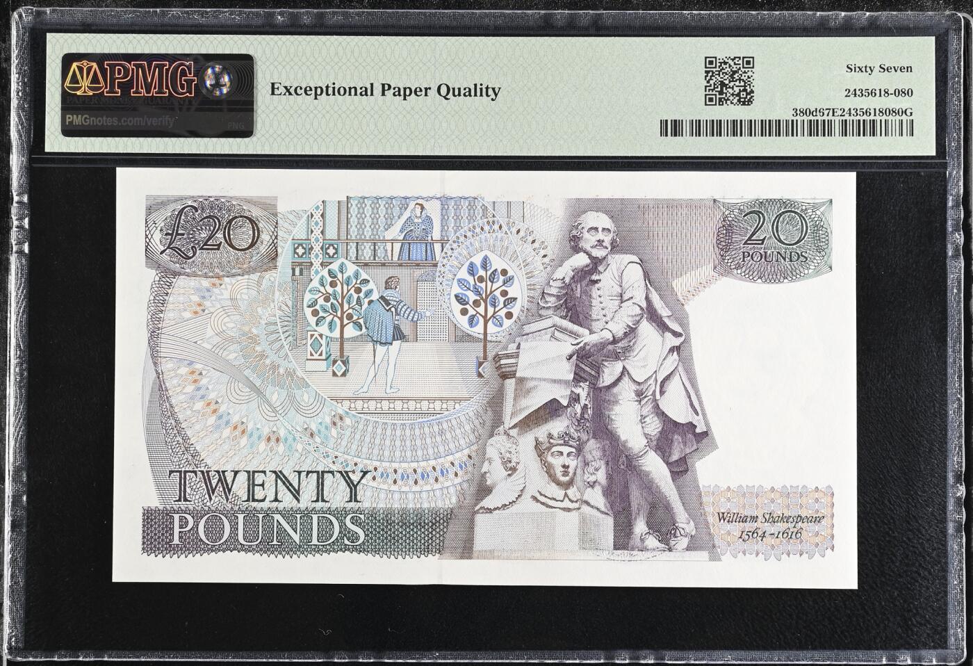 《艾美收藏》第235期-3.8周日外币荟萃 英国20镑 PMG67E D序列 莎翁水印 无47 Pick#380d