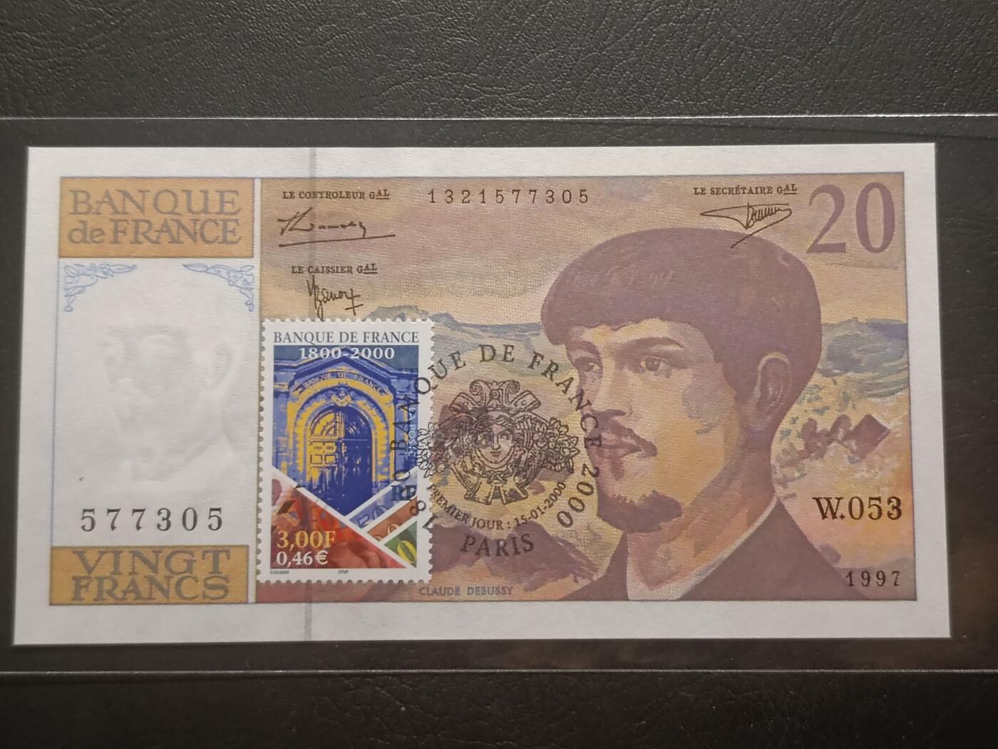 2026三月第一期，总218期 法国2000年“法兰西银行两百年”盖邮纪念钞UNC-，加盖3法郎“法兰西银行两百年”纪念邮票，稀有品种