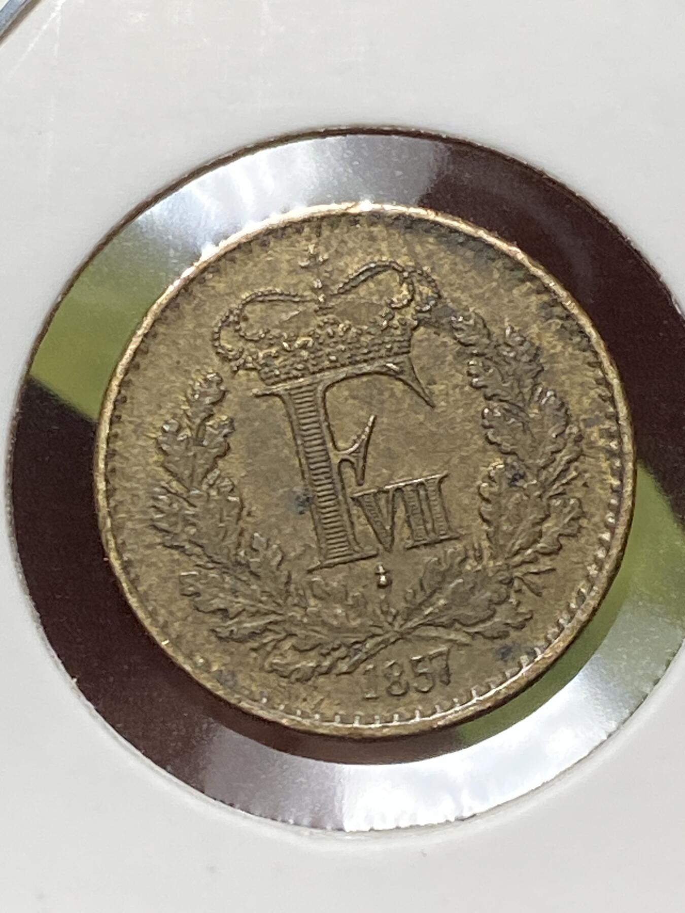 2026年第三十三场(总第二百零二场）外国精品纸夹币场(免佣金) 丹麦🇩🇰1857单年份1/2国家货币斯基林(弗雷德里克七世时期，o版十字架标，德国汉堡阿尔托纳造)