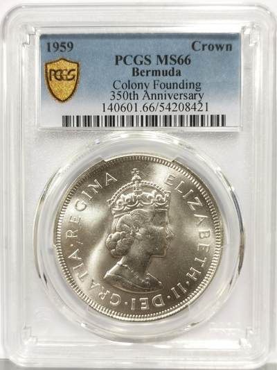 博洋堂世界钱币拍卖第163期（全场包邮） - PCGS MS66 英属百慕大1959年伊丽莎白二世发现百慕大350周年1克朗纪念银币-1