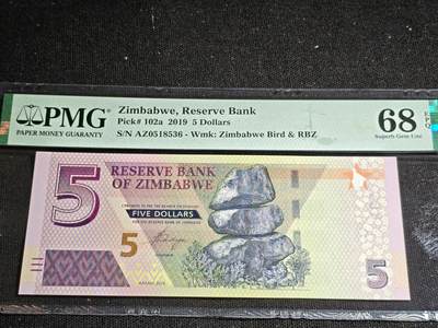 刘世昌艺术品销售中心～虎踞龙蟠*金杨在线联拍群第518期 - 津巴布韦2019年5元（PMG  68E   号码：AZ0518536）1枚。