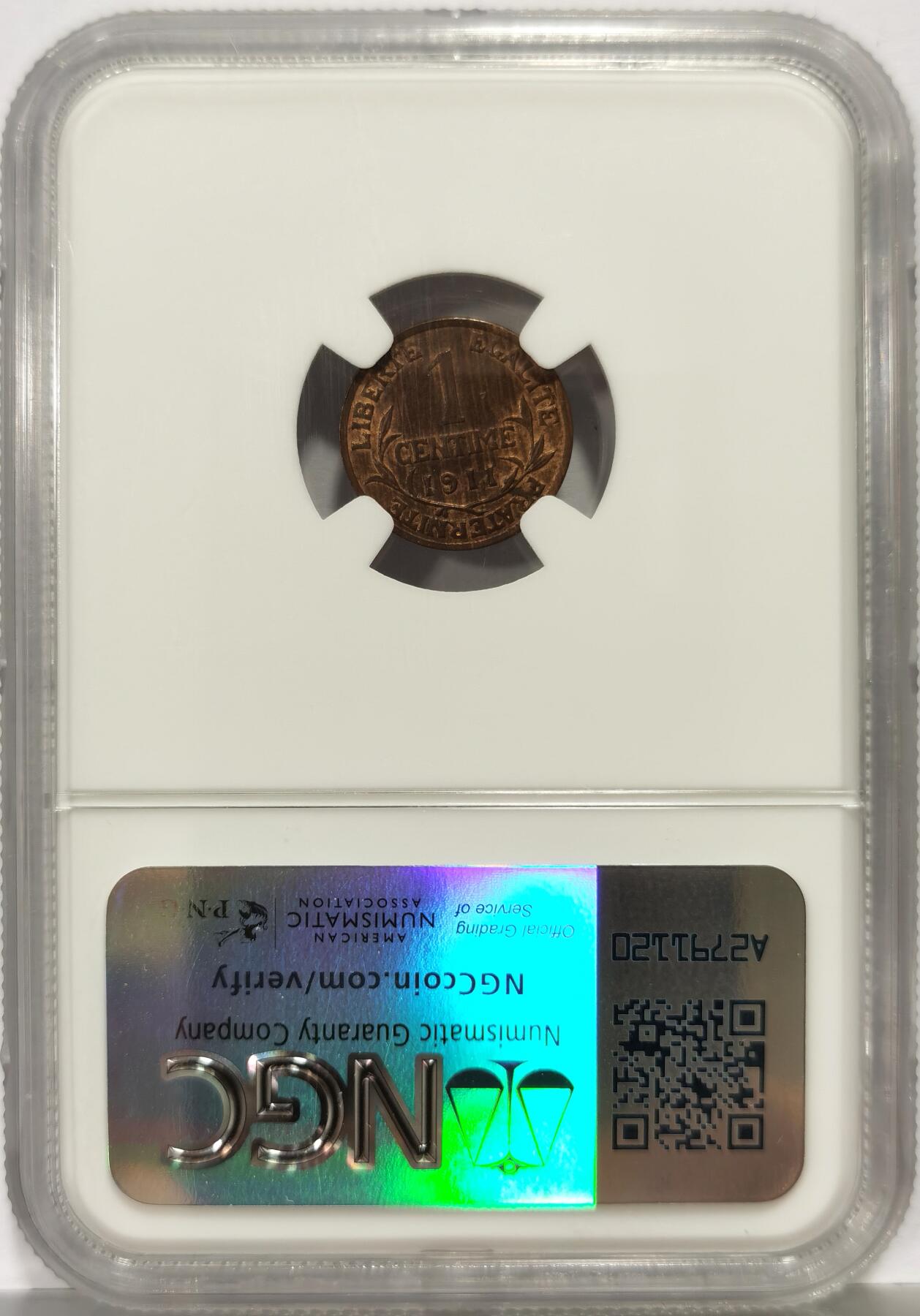 博洋堂世界钱币拍卖第163期（全场包邮） NGC MS63BN 法国1911年玛丽安娜1分铜币，红铜光保留较好