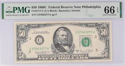 【礼羽收藏】🌏世界钱币拍卖127期 - 【号码无4 高分 稀少分区C费城首发A冠】1969C版 50美 PMG66E