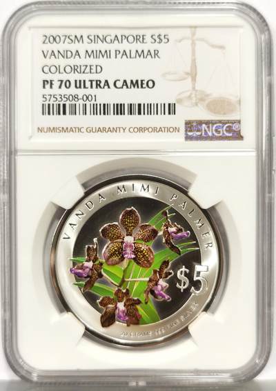 博洋堂世界钱币拍卖第163期（全场包邮） - NGC PF70UC 新加坡2007年胡姬花系列-密密巴默万代兰5元彩色精制银币