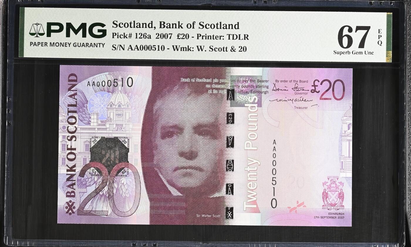 《艾美收藏》第235期-3.8周日外币荟萃 苏格兰银行2007年首发AA冠20镑PMG67E高分少见百位510号 贵族紫 Pick#126a