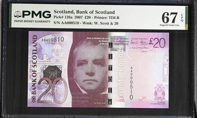 《艾美收藏》第235期-3.8周日外币荟萃 - 苏格兰银行2007年首发AA冠20镑PMG67E高分少见百位510号 贵族紫 Pick#126a