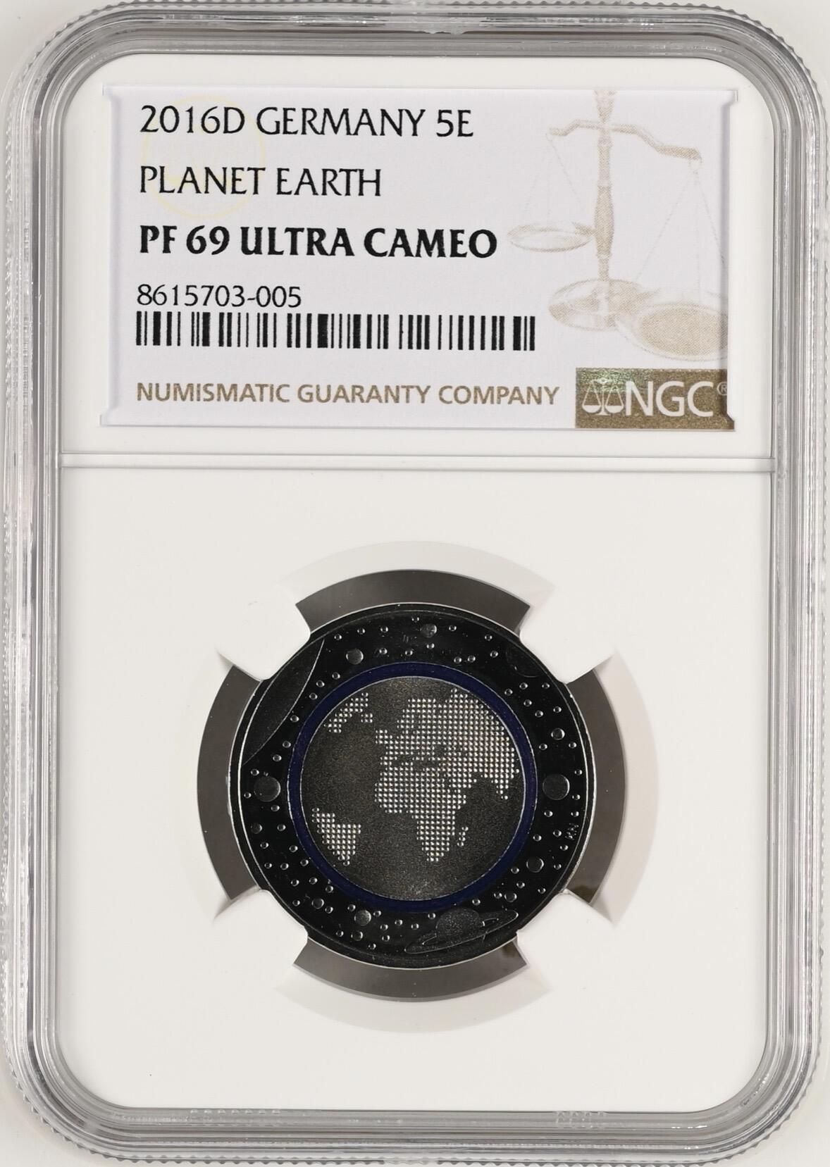 S&S Numismatic世界钱币-拍卖 第121期  获奖币*德国2016年 蓝色地球 5欧元镶嵌聚合物精制纪念币 D版 NGC PF69UC 裸币送评无包装