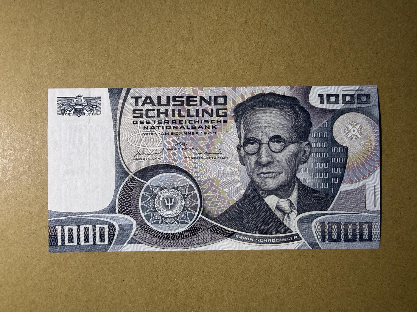 《艾美收藏》第235期-3.8周日外币荟萃 奥地利1000先令 UNC 1983年 奥地利物理学家薛定谔 一个角上有处轻微荧光 无4双尾