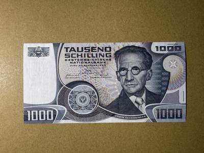 《艾美收藏》第235期-3.8周日外币荟萃 - 奥地利1000先令 UNC 1983年 奥地利物理学家薛定谔 一个角上有处轻微荧光 无4双尾