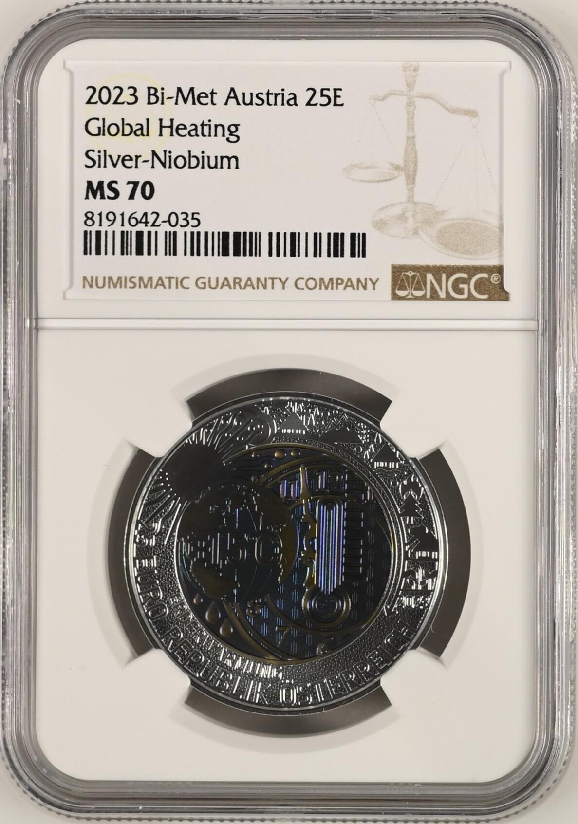 S&S Numismatic世界钱币-拍卖 第121期  奥地利2023年 全球气候变暖 25欧元银+铌双色纪念币 NGC MS70冠军分，盒证齐全